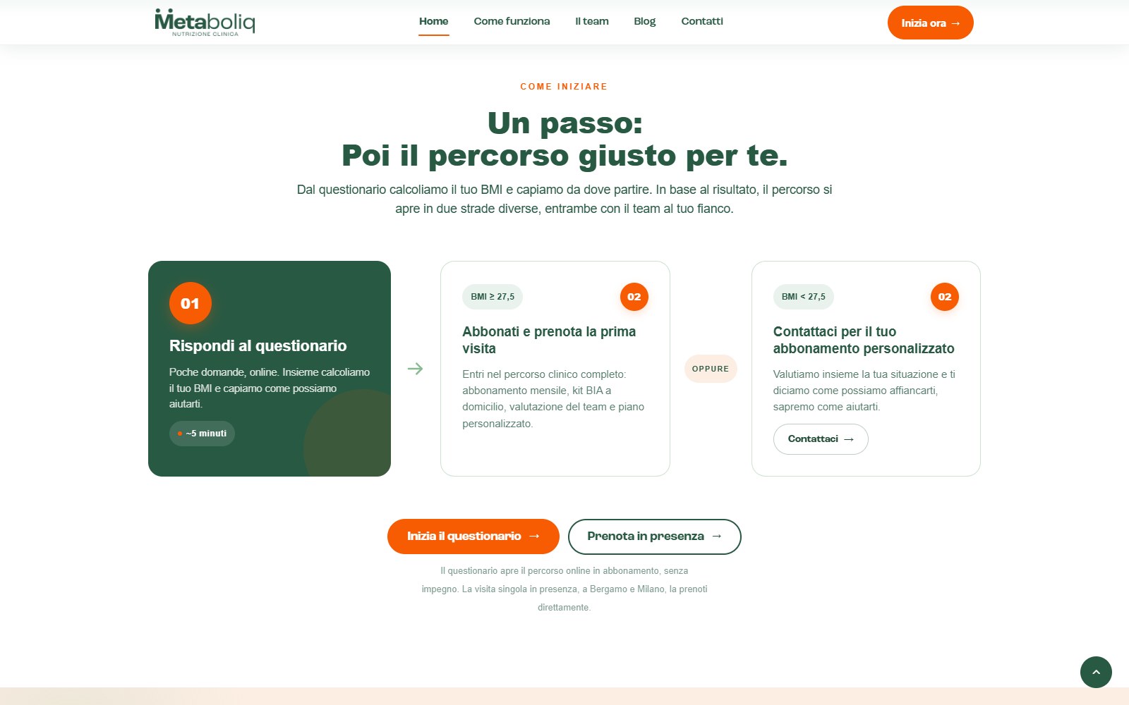 La sezione della home di Metaboliq che presenta le due strade dopo il questionario, con due pulsanti dello stesso peso