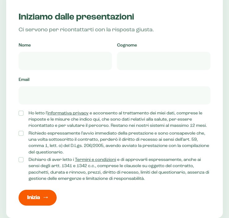 Il primo passaggio del questionario Metaboliq, con le tre accettazioni necessarie per andare avanti