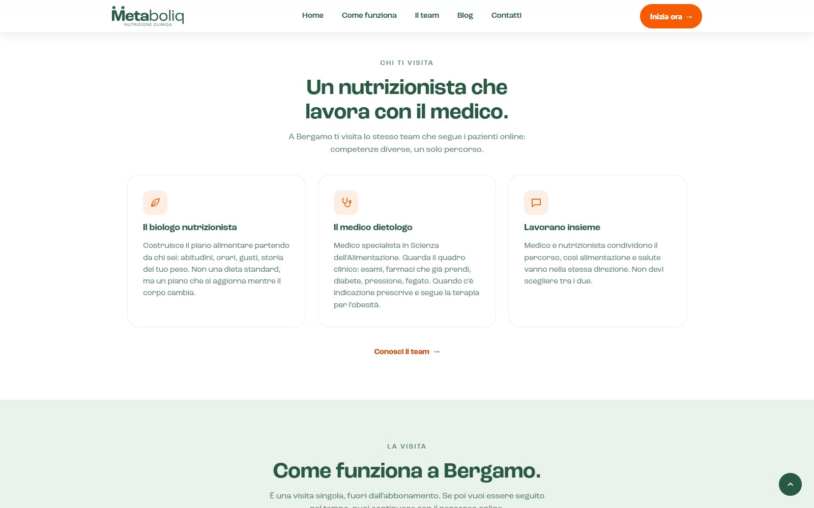 La pagina di Metaboliq dedicata al nutrizionista a Bergamo, con il team che segue la visita in presenza