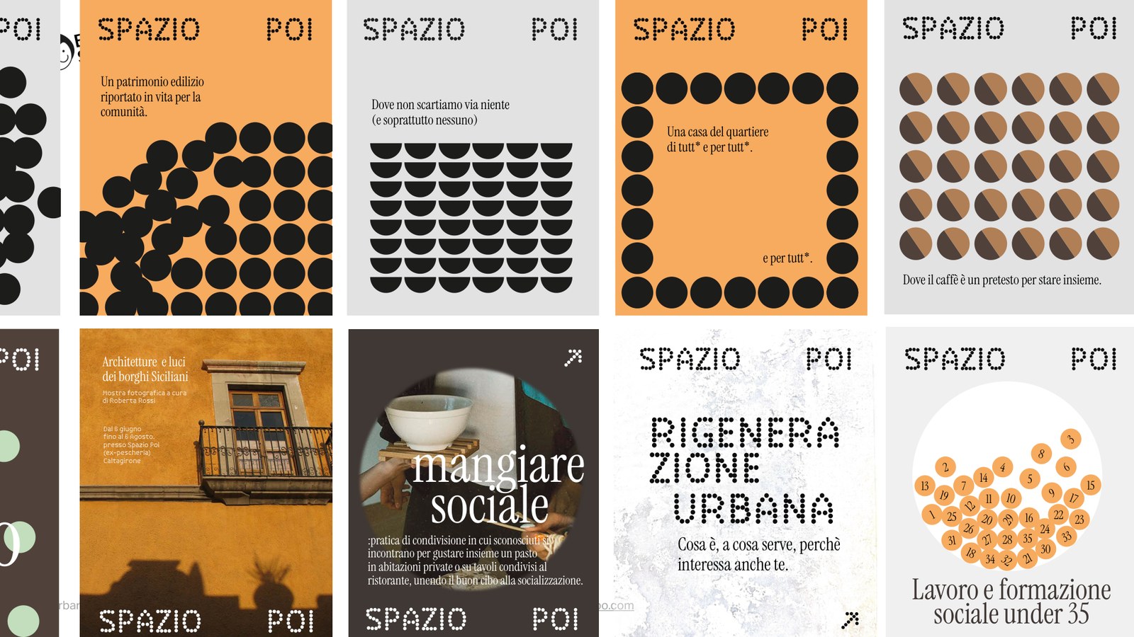 Manifesti e grafiche dell'identità di Spazio Poi: logo a pallini, pattern di cerchi e mezzi cerchi, arancio e grigio